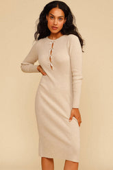 Robe pull mi-longue vintage à manches longues et découpes - Beige